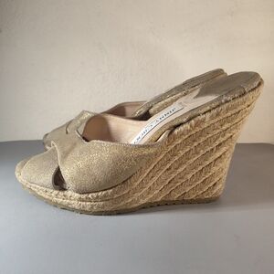 Jimmy Choo Paisley Beige Suede Criss Cross Jute Platform Sandal Wedges Sz 7